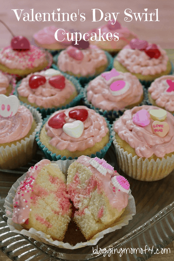 These Valentine's Day Swirl Cupcakes are really fairly easy to make and only have a few ingredients. Have your kids each make their very own designs and masterpieces. 