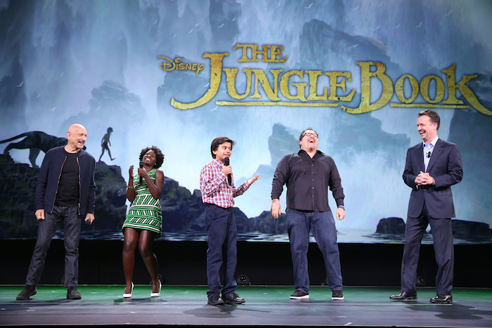 ANAHEIM, CA - AUGUST 15:  (L-R) Actors Ben Kingsley, Lupita Nyong'o, Neel Sethi and director Jon Favreau of THE JUNGLE BOOK and President of Walt Disney Studios Motion Picture Production Sean Bailey took part today in "Worlds, Galaxies, and Universes: Live Action at The Walt Disney Studios" presentation at Disney's D23 EXPO 2015 in Anaheim, Calif.  (Photo by Jesse Grant/Getty Images for Disney) *** Local Caption *** Ben Kingsley; Lupita Nyong'o; Neel Sethi; Jon Favreau; Sean Bailey