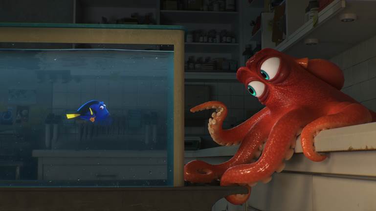 DO I KNOW YOU? -- In Disney•Pixar's "Finding Dory," everyone's favorite forgetful blue tang, Dory (voice of Ellen DeGeneres), encounters an array of new—and old—acquaintances, including a cantankerous octopus named Hank (voice of Ed O'Neill). Directed by Andrew Stanton (“Finding Nemo,” “WALL•E”), co-directed by Angus MacLane and produced by Lindsey Collins (co-producer “WALL•E”), “Finding Dory” swims into theaters June 17, 2016