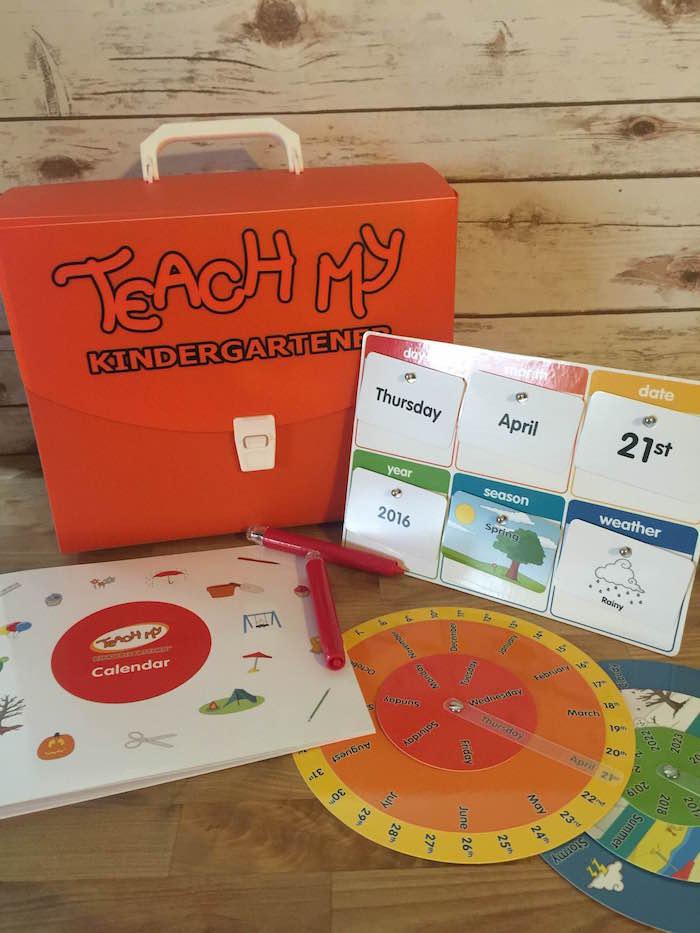 Teach My Kindergartener Learning Kit helps kids master 100 spelling words, counting money, telling time and the year, including days of the week, etc.