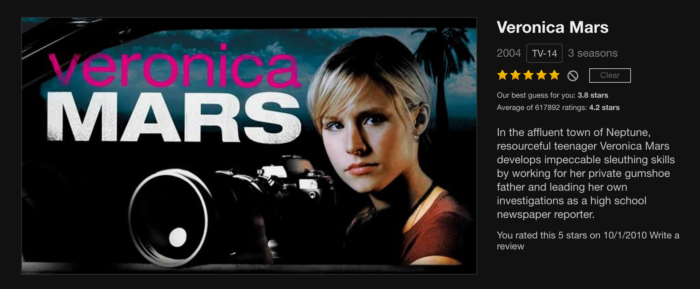 Are you a Marshmallow? Veronica Mars is a classic in our house. Thankfully, we can binge watch all 3 seasons anytime we want.
