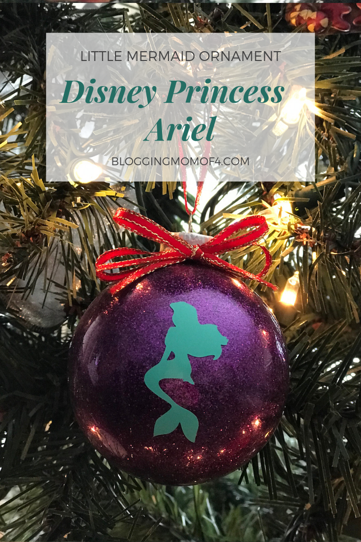 DIY Little Mermaid Ornament with FREE cut file. Purple glitter bulb with mint green Ariel silhouette, complete with a red bow. Easy to make with this step by step tutorial.