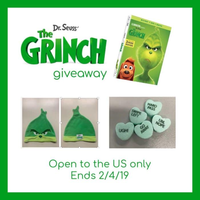 Enter to WIN The Grinch Movie Prize pack! The prize pack includes: Blu-ray, Grinch beanie, Grinch Valentine’s Day Candy Conversation Hearts