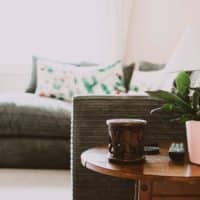 Warm and inviting living room featuring a cozy sofa, stylish decor, and natural light.