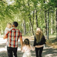 Backview of a Family walking on Park