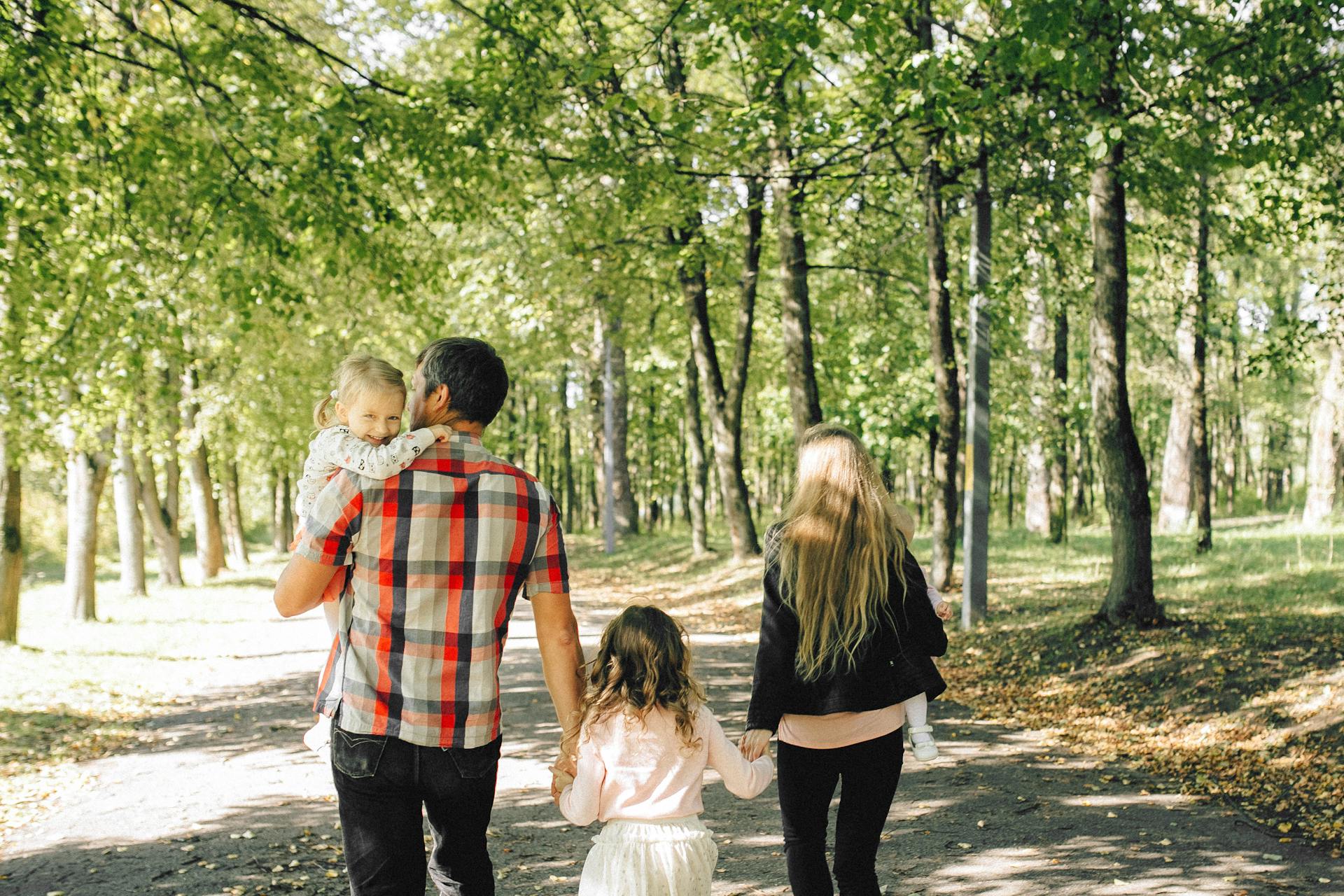 Backview of a Family walking on Park